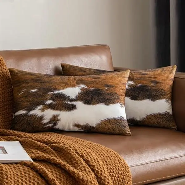 Woaboy Pack of 2 Decorative Throw Pillow Covers Cowhide Brindle Printed Couch Throw Pillows Cushion Covers for Winter Home Decor Living Room Sofa Bedroom 12x20 Inch