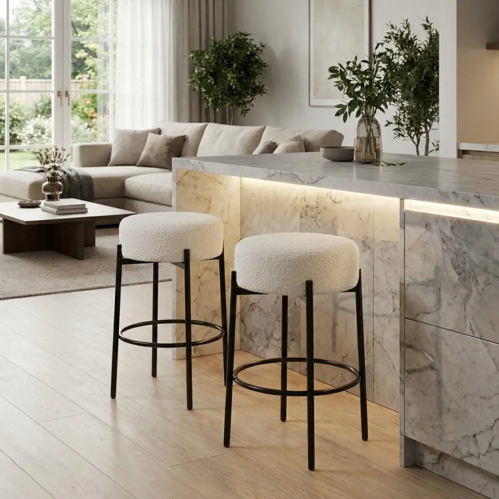Garvee Round Barstools 24" Set of 2,Modern Counter Height Bar Stools with Sherpa Soft Seat for Kitchen Island, Bar, Dining Room,Backless Metal Legs