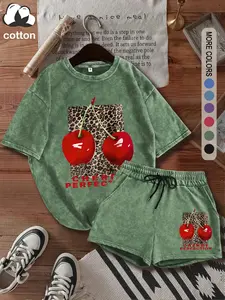 Two-piece Set Women's Cherry Print Short Sleeve T-shirt & Shorts, Matching Clothing Set, Casual Fashion Cozy Tee & Shorts for Daily Outdoor Wear, Ladies Two-piece Outfits for All Seasons, Clothes