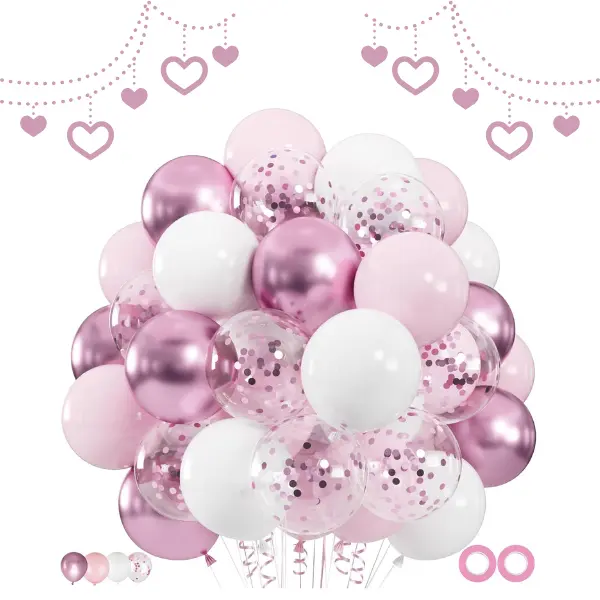 100PCS Pink and White Balloon Set – 12 Inch Metallic, Pastel & Confetti Balloons for Birthday, Baby Shower, Bridal Shower, Wedding, Princess Party Decorations