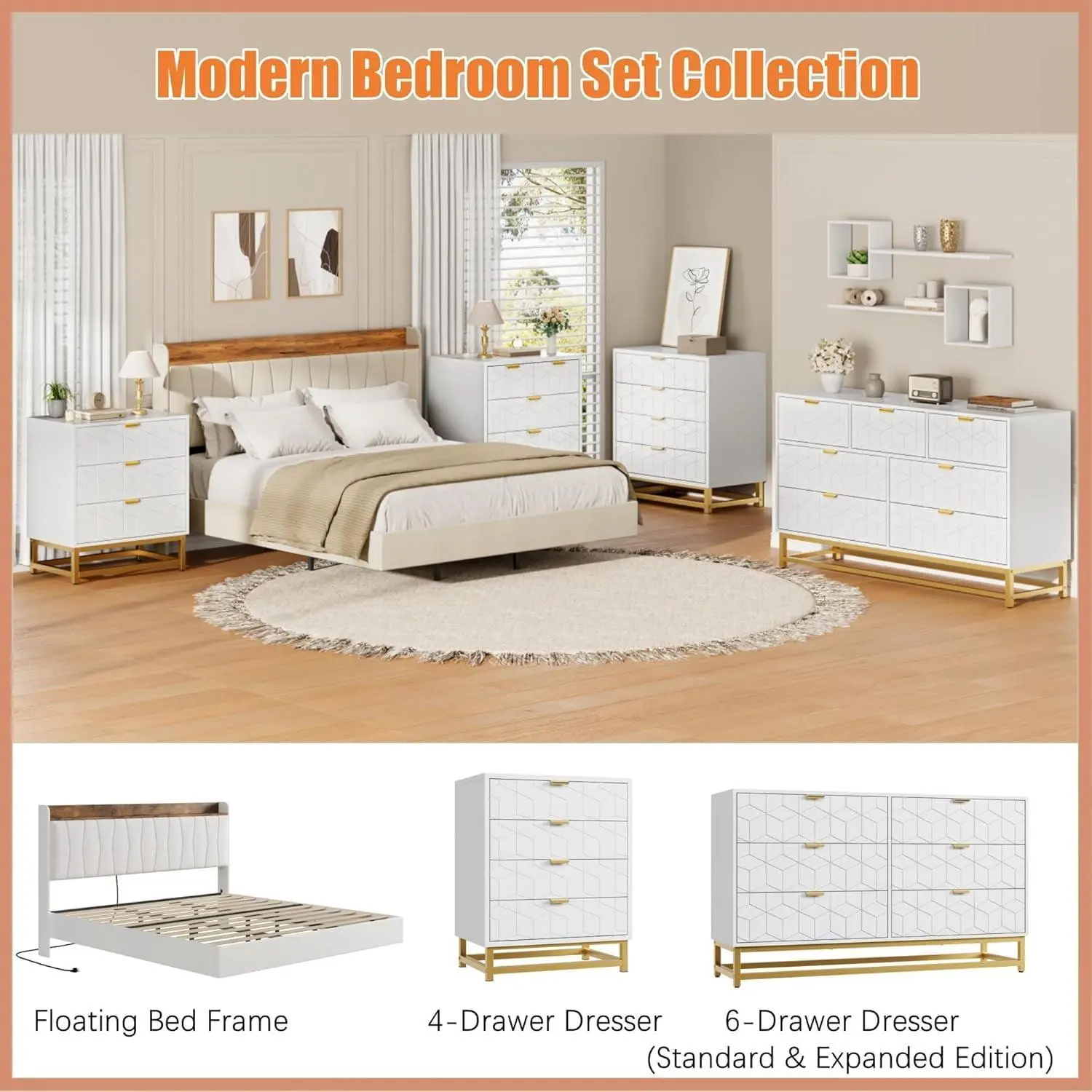 Gaomon White Engineered Wood 4-Drawer Dresser Cabinet - Carved Details, Wide Capacity, Metal Legs, Waterproof, Durable, Easy Setup, Assembly Required, Modern Dressers for Home Decor, Storage Organization, Living Room Furniture