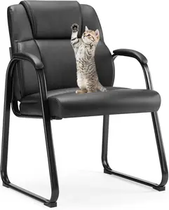 Comfortable Waiting Room Guest Chair with Padded Arms & Sled Base, Ergonomic PU Leather Reception Chair for Home Office, Conference Room, Elderly Care, Black chair