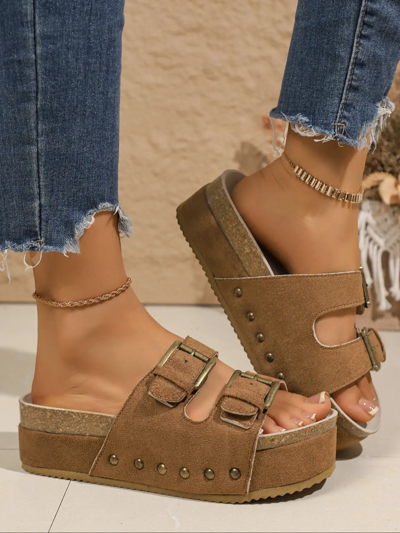Women's Fashionable Plain Color Embellished Platform Sandals, Casual Comfortable Slide Sandals for Summer, Lightweight Design Slides for Beach & Travel, Walking Shoes