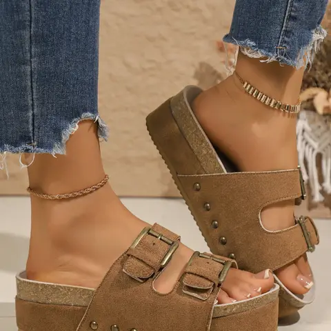 Women's Fashionable Plain Color Embellished Platform Sandals, Casual Comfortable Slide Sandals for Summer, Lightweight Design Slides for Beach & Travel, Walking Shoes