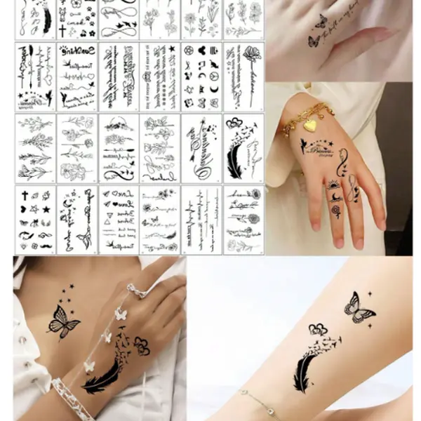 30 Sheets Small Size Temporary Tattoo Stickers For Men And Women, Black Flower, Heart, Feather, Lettering Disposable Finger & Hand Tattoo Body Decoration