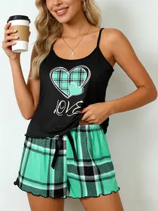 Black Green Plaid Heart Love Print Pajama Set for Women, Cami Top with Adjustable Straps, Ruffled Hem Plaid Shorts, Spring & Summer Wearable, Edgy Fresh Sweet Girl Cozy Home Outfit, Casual, Teal Color