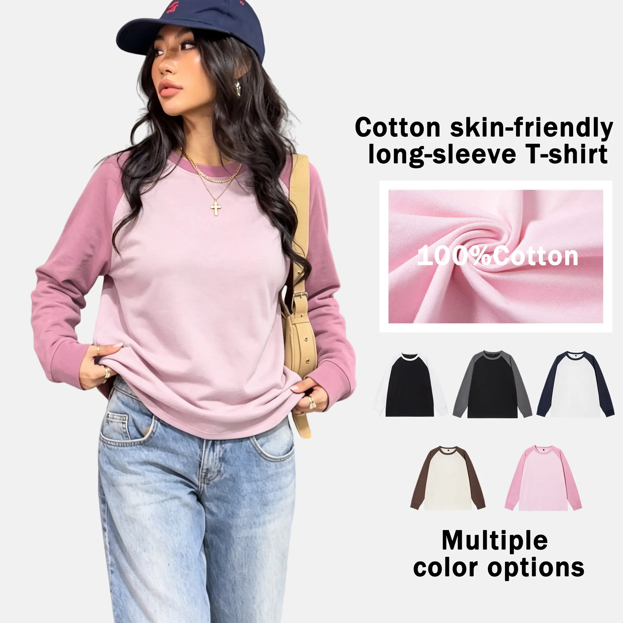 Women’s casual color-block raglan long-sleeve T-shirt, soft pure cotton with a minimalist design, crew neck that flatters the figure, versatile long-sleeve T-shirt suitable for everyday and home wear.