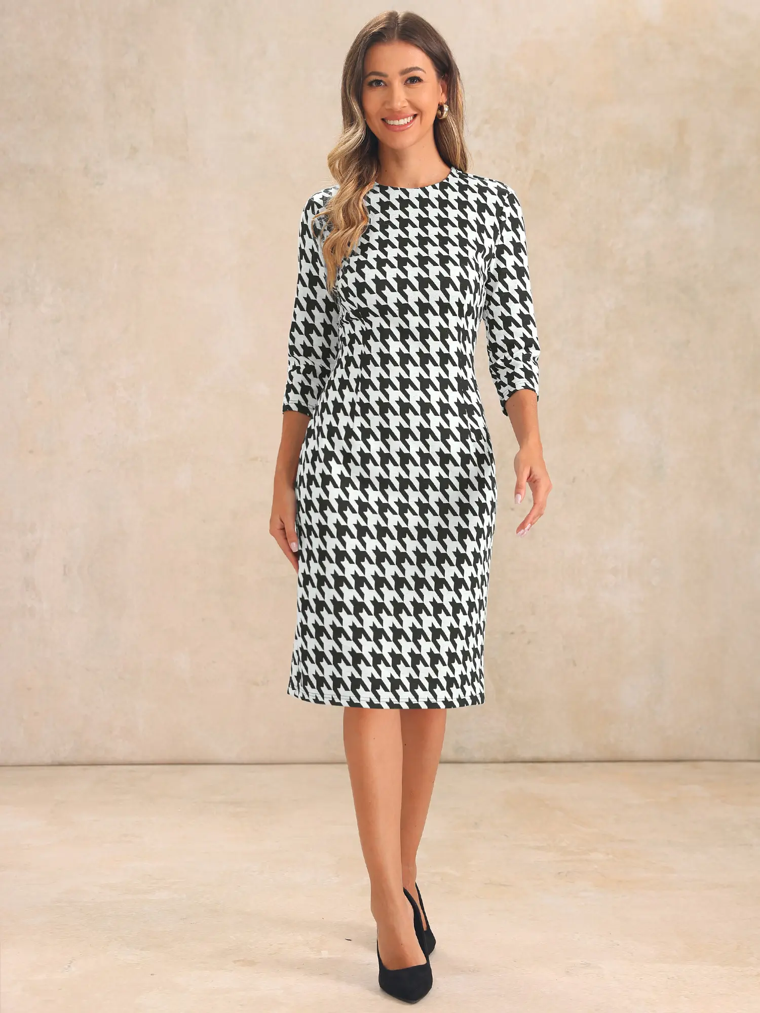 INSPIRE CHIC Women's Elegant 3/4 Sleeve Bodycon Work Dresses Vintage Houndstooth  Dress - TikTok Shop