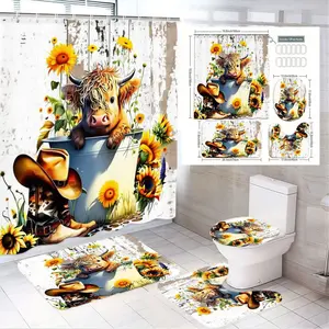 1/4pcsRustic Farmhouse Western Cow & Sunflower Bathroom Set - Shower Curtain with Toilet Lid Cover & 2 Floor Mats, Blue Bucket Highland Cow in Whimsical Country Decor - Perfect for Spring Easter & Farmhouse Themed Bathrooms, Shower Curtain Sets