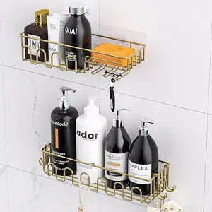 Adhesive Shower Caddy: 2 Bonus Hooks, 4-Pack Wall Mounted Bathroom Storage Shelf, Rustproof Metal Basket Organizer for Kitchen & Bathroom Drill Free Gold
