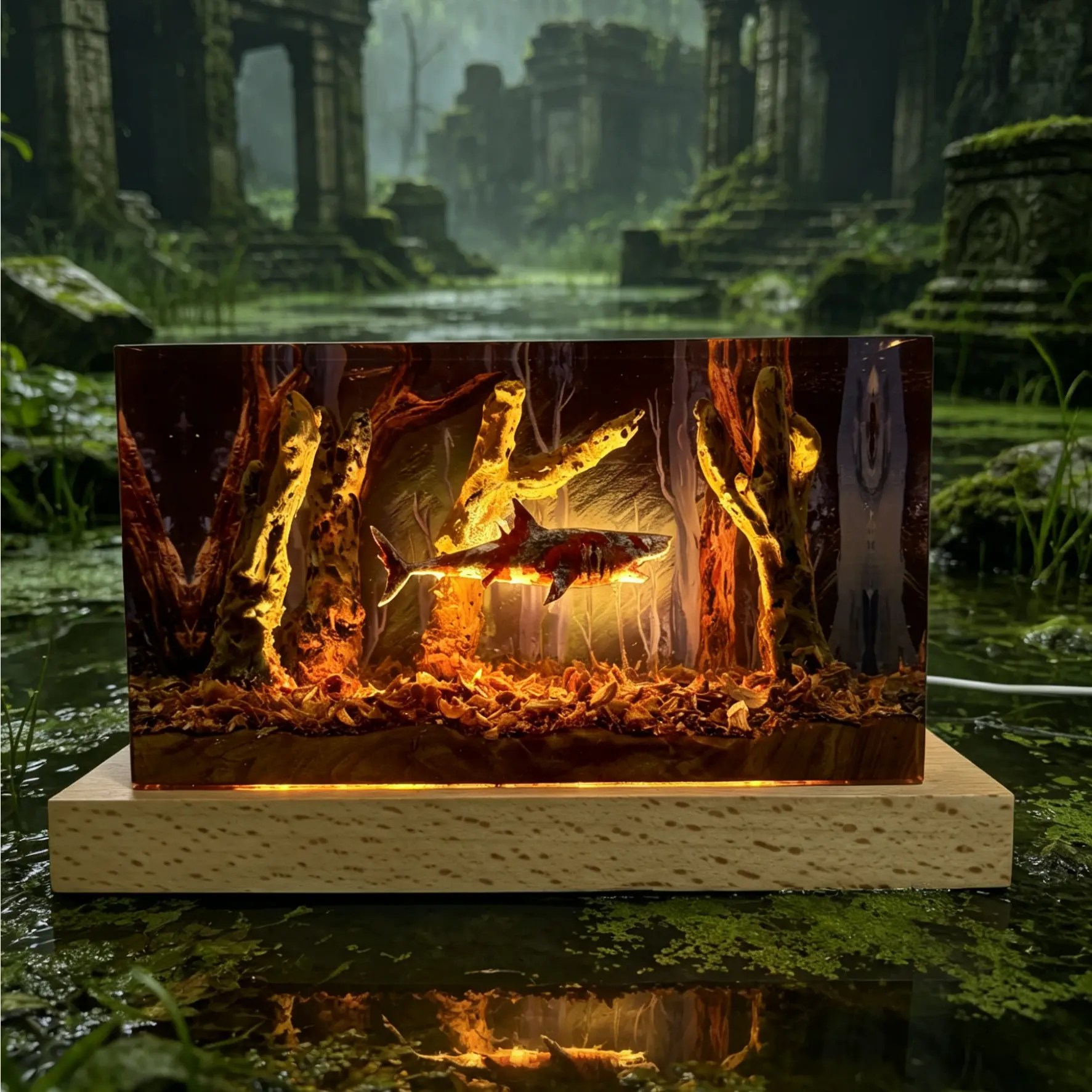 Bloodthirsty Mad Shark Resin Lamp Mutant Swamp Zombie Shark Creative Decorative Table Lamp, Handmade Diorama Scene Resin Night Light Horror Style Home Decor Customizable Lighting Desk Decoration, Personalized Gifts for Birthday Christmas Customizabl