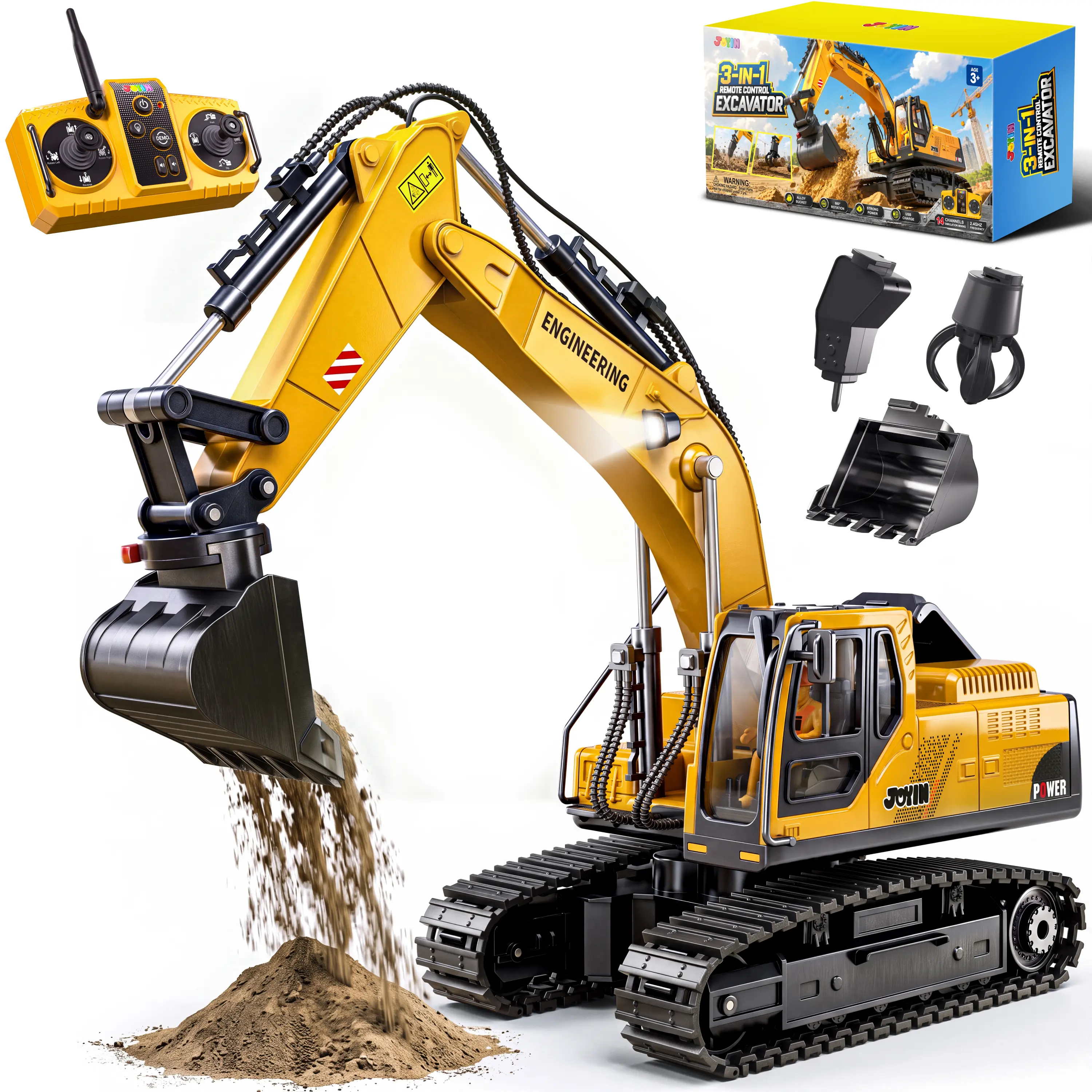 JOYIN 3-in-1 Remote Control Excavator Toy, 14 Channel 2.4GHz RC Construction Vehicle with Alloy Bucket, Hammer & Grabber, 1:20 Scale, Lights & Sounds, Gift for Kids Boys Age 3+