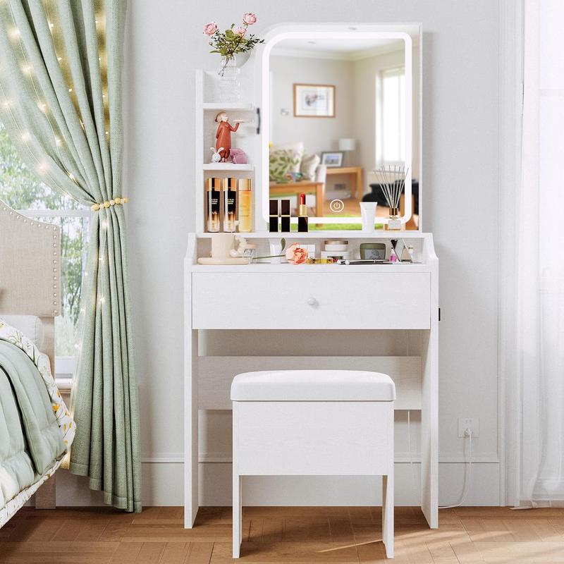 LIKIMIO Small Makeup Vanity Desk with Mirror and Lights, Vanity Table Set with Storage Drawer, Chair and Three Shelves, Bedroom