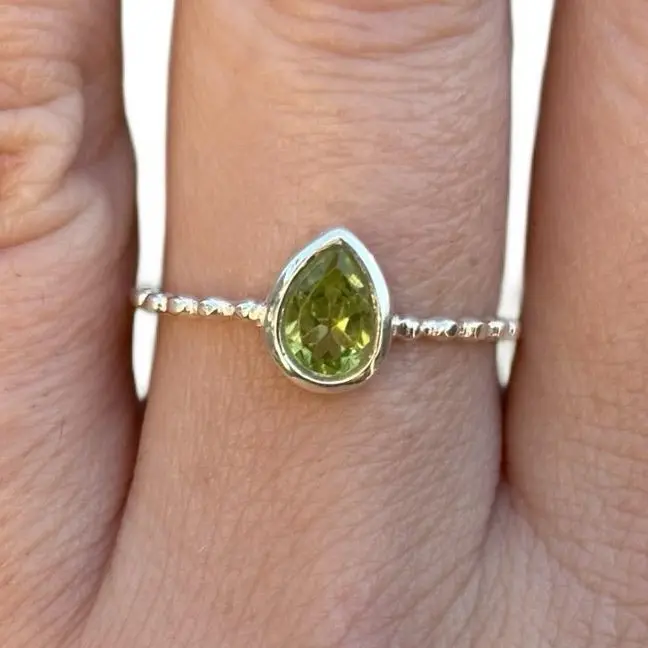 Sterling Silver Peridot Ring with Beaded Band