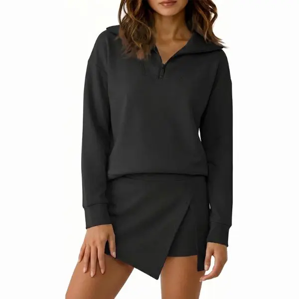 Fisoew Women's Casual Chic 2 Piece Set, French Terry Quarter Zip Sweatshirt and Asymmetrical Skort, Casual Chic Set, Coordinate Set Elegant