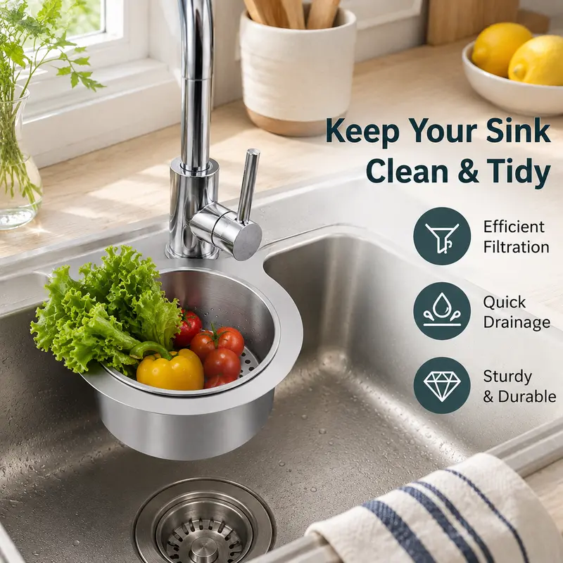 1 Count Stainless Steel Hanging Sink Drain Strainer Basket, Fast Drainage Rustproof Food Residue Filter for Kitchen Sink Organization
