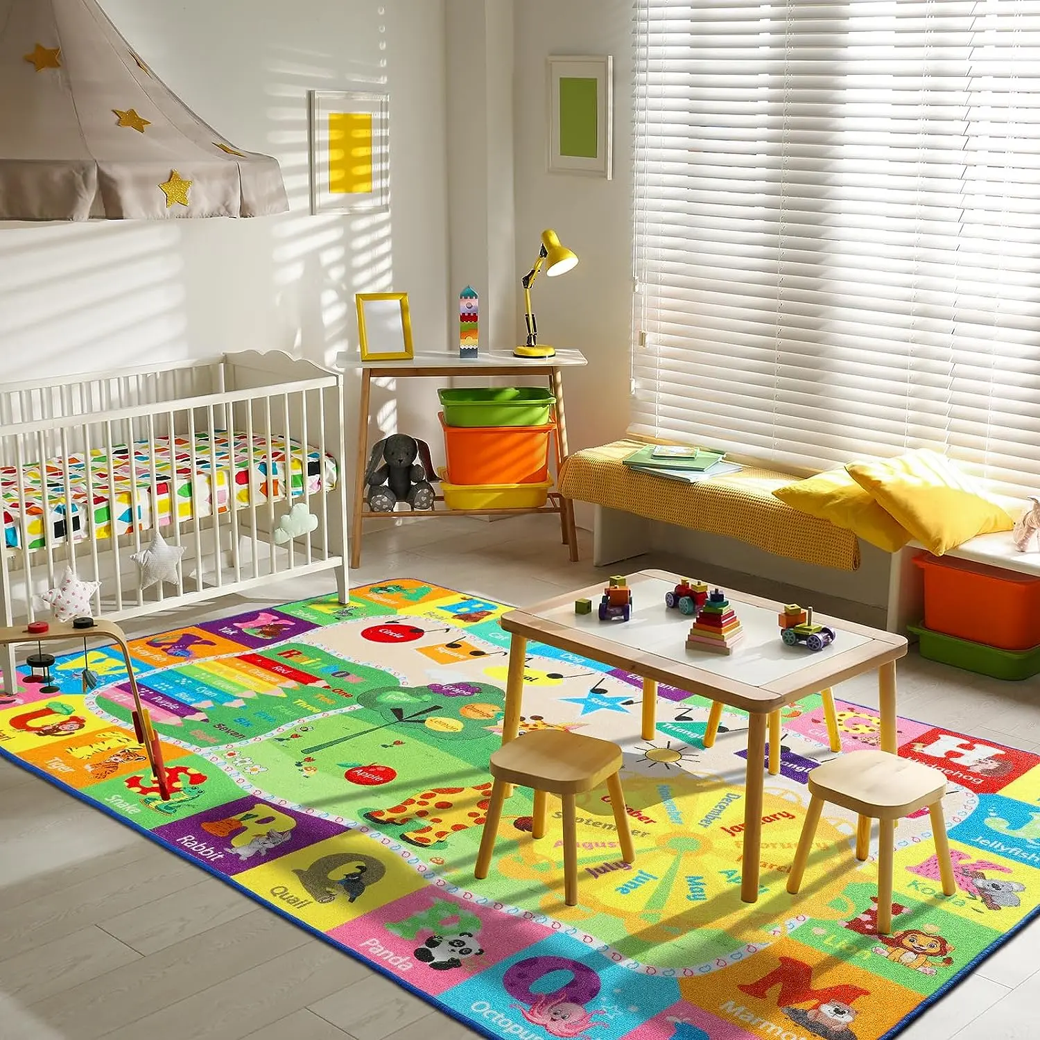 Kids Educational Alphabet & Animals Indoor Play Rug - Polyester Fiber Soft Velvet Non-Slip Toddler Learning Mat, Machine Washable, Multicolor, Ideal for Playroom, Nursery