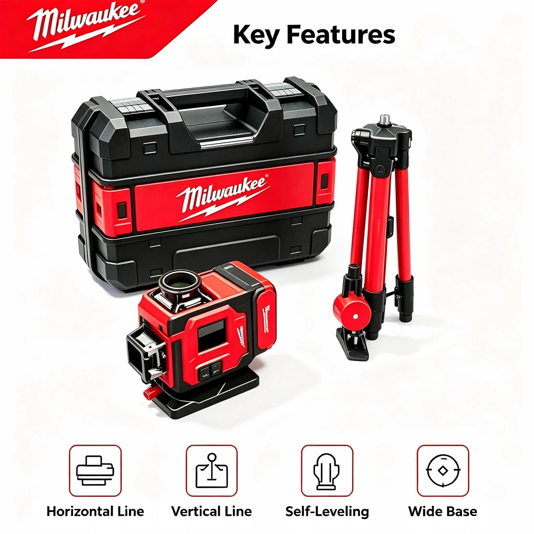 Milwaukee 3-Line Self-Leveling Laser Level Kit with Tripod, Carrying Case & Full Accessories, High-Precision Horizontal Vertical Laser Tool for Construction, Tiling, Home Renovation, Pex Tools repair screw use light   door Saw    centerpiece,