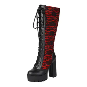 Women's Lace Knee High Platform Boots Chunky Block Heel Gothic Lace-Up Combat Boots