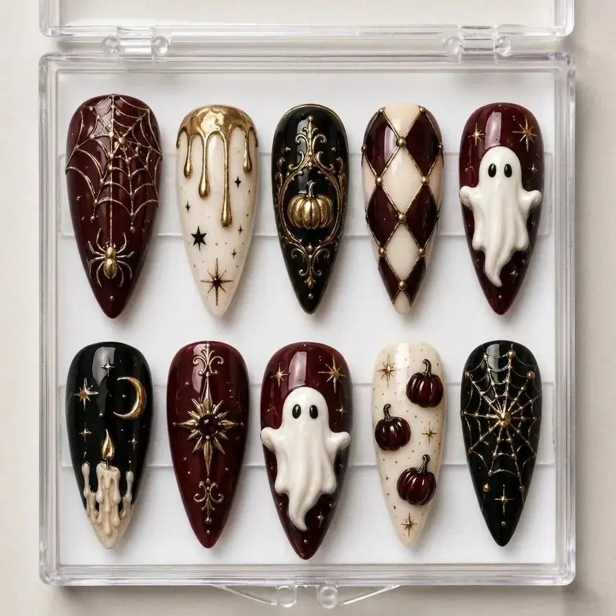 Burgundy Halloween Press On Nails Ghost Pumpkin Goth Nail Set