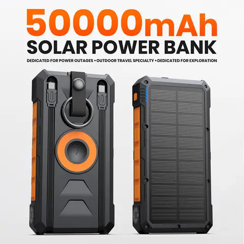 SOARAISE 50000mAh Solar Power Bank Charger - 22.5W PD QC 4.0 Fast Charging, Qi Wireless Charging, 6 Outputs, 2 Built-in Cables, Flashlight, Compass, Chargeable Emergency Battery for Hiking, Camping, Mobile/Smartphone Devices