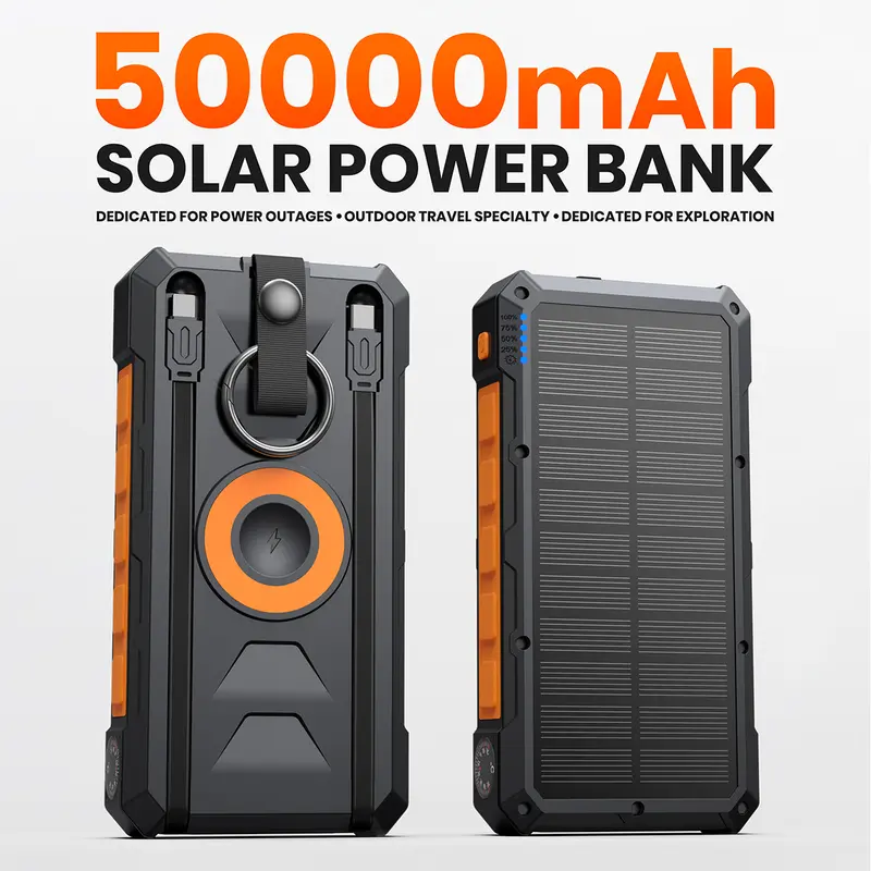 SOARAISE 50000mAh Solar Power Bank Charger - 22.5W PD QC 4.0 Fast Charging, Qi Wireless Charging, 6 Outputs, 2 Built-in Cables, Flashlight, Compass, Chargeable Emergency Battery for Hiking, Camping, Mobile/Smartphone Devices