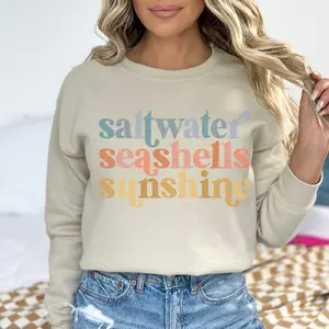 Saltwater Seashells Sunshine Gildan Sweatshirt, Vintage Sunset Coastal Graphic, Cute Women's Summer Pullover sweatshirt Collar Cotton