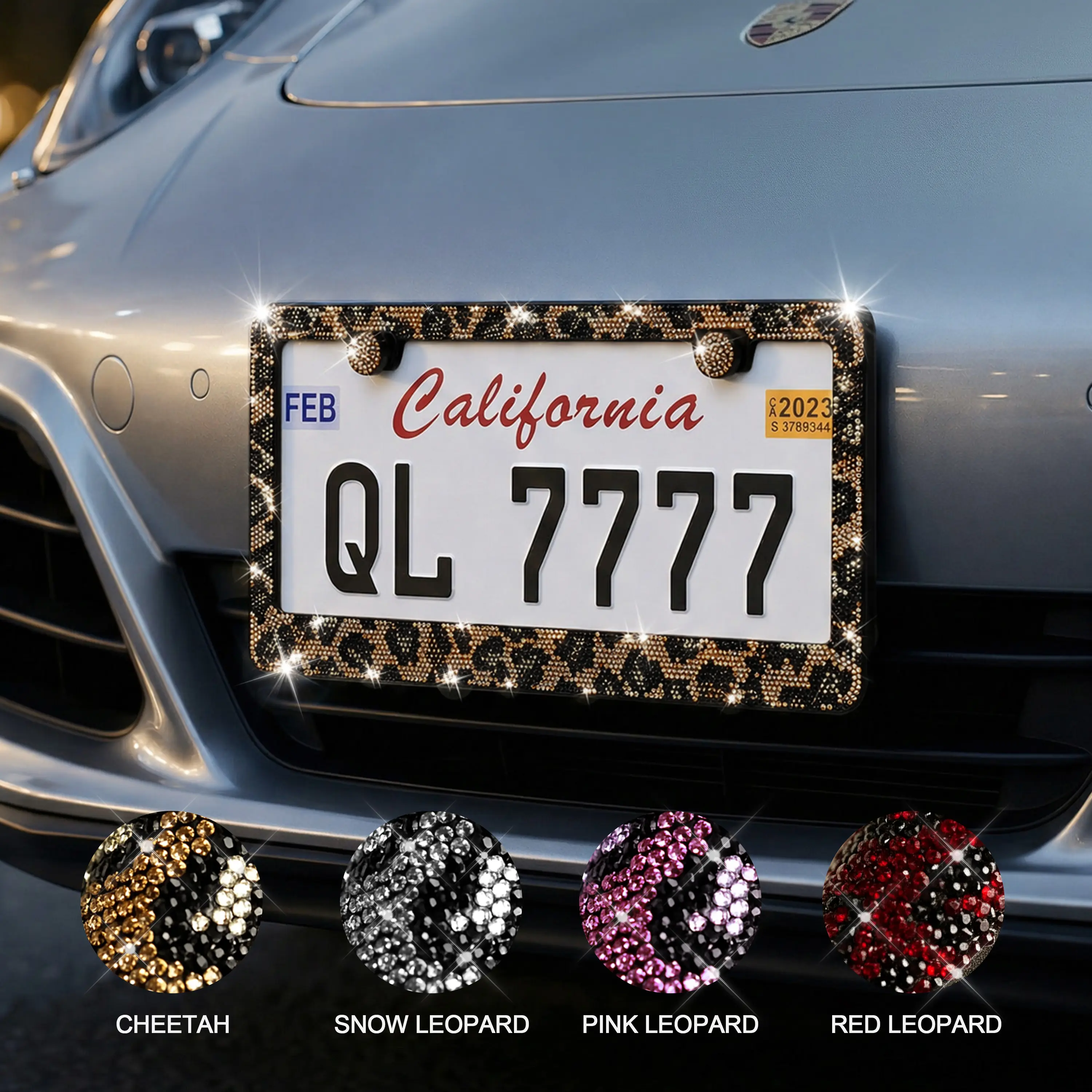Queen’s Land 1PCS Bling Leopard License Plate Frames with Crystal Rhinestones, Sparkle Girly Car Accessories, Bling Car Decor for Girls Women Pink Red Black Leopard Car Accessories for Truck SUV