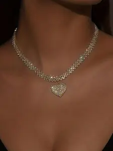 Rhinestone Heart Pendant Necklace for Women,  Luxury Punk Jewelry for Party, Daily Clothing Decor for Girl, Valentine's Day, Gift, Elegant Rhinestone Necklace