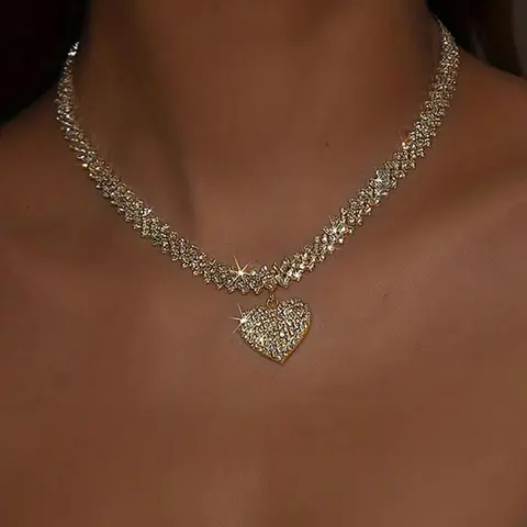 Rhinestone Heart Pendant Necklace for Women,  Luxury Punk Jewelry for Party, Daily Clothing Decor for Girl, Valentine's Day, Gift, Elegant Rhinestone Necklace, Rhinestone Decorated Necklace, Bling Necklace