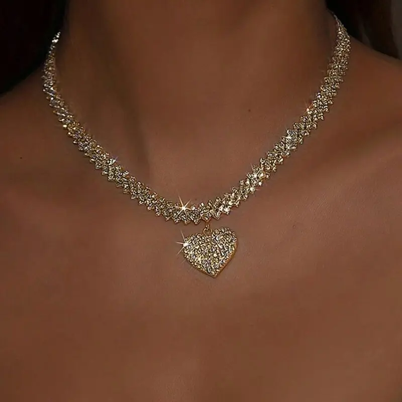 Rhinestone Heart Pendant Necklace for Women, Luxury Punk Jewelry for Party, Daily Clothing Decor for Girl, Valentine's Day, Gift, Elegant Rhinestone Necklace, Rhinestone Decorated Necklace, Bling Necklace