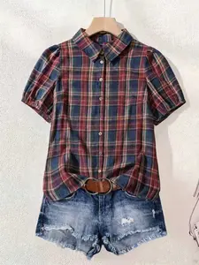 Women's Summer Casual Plaid Short Sleeve Shirt, Collared Design, Daily Wear, Simple and Stylish, Perfect for Everyday Top