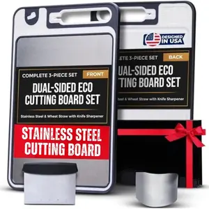 Stainless Steel  Board Set - Double-Sided Hygienic Kitchen Board with  Sharpener, Scraper, Finger Guard - Dishwasher Safe, Non-Slip Edges, Multi-Function,  - 3- Set