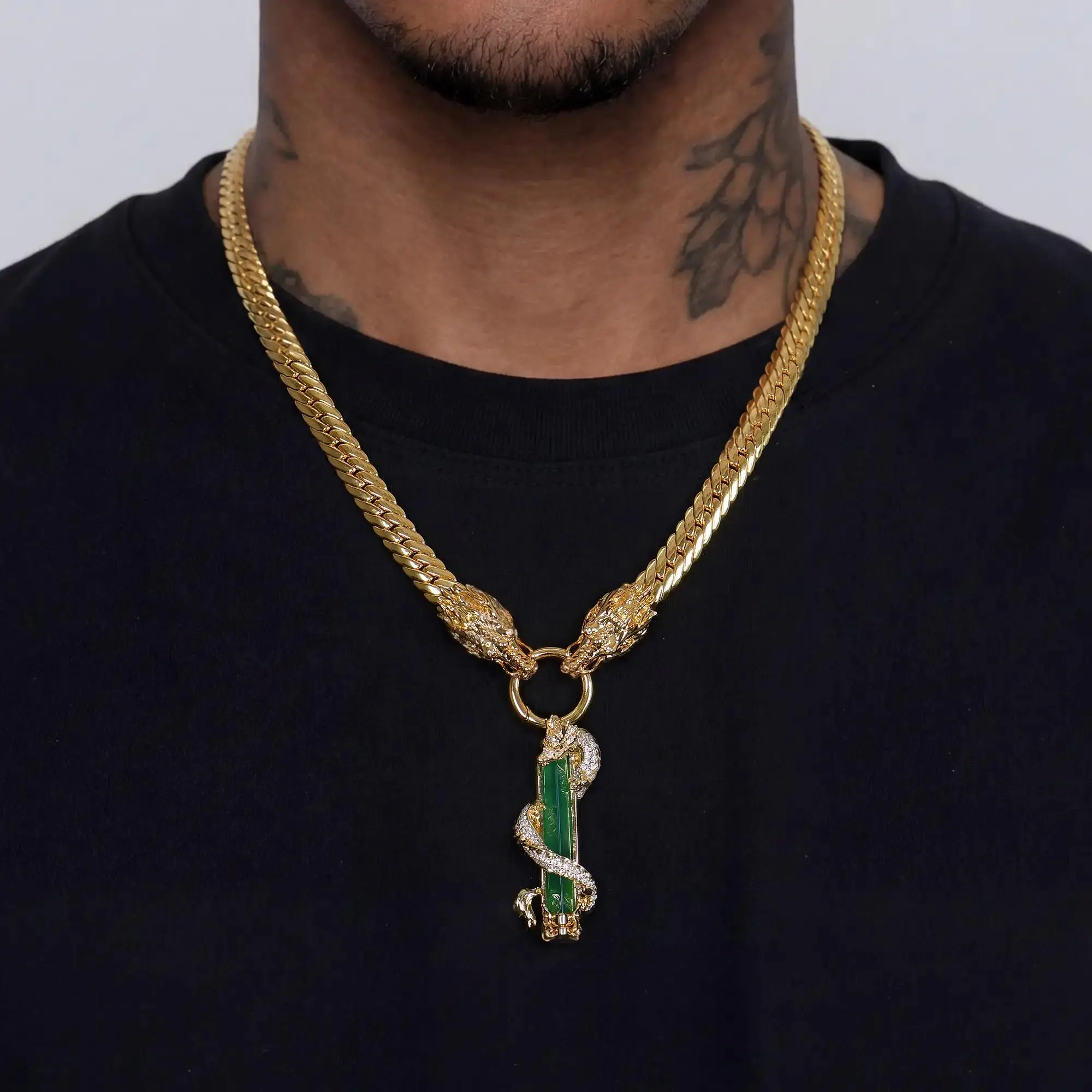 APORRO WONG Dragon Jade Pillar Cuban Chain & Pendant Set -8mm | 14K Gold Plating 20-24" Lengths