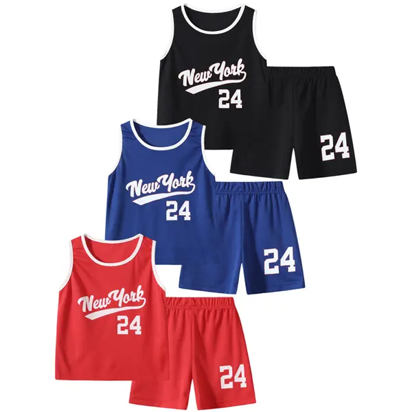 Boys' 6-Piece Sleeveless Basketball Sports Set, Athletic Uniform, Kids Clothing Boys, Clothes for Kids, Sporty Chic Alphabet Summer Casual Vest & Shorts, Bold Jersey Number