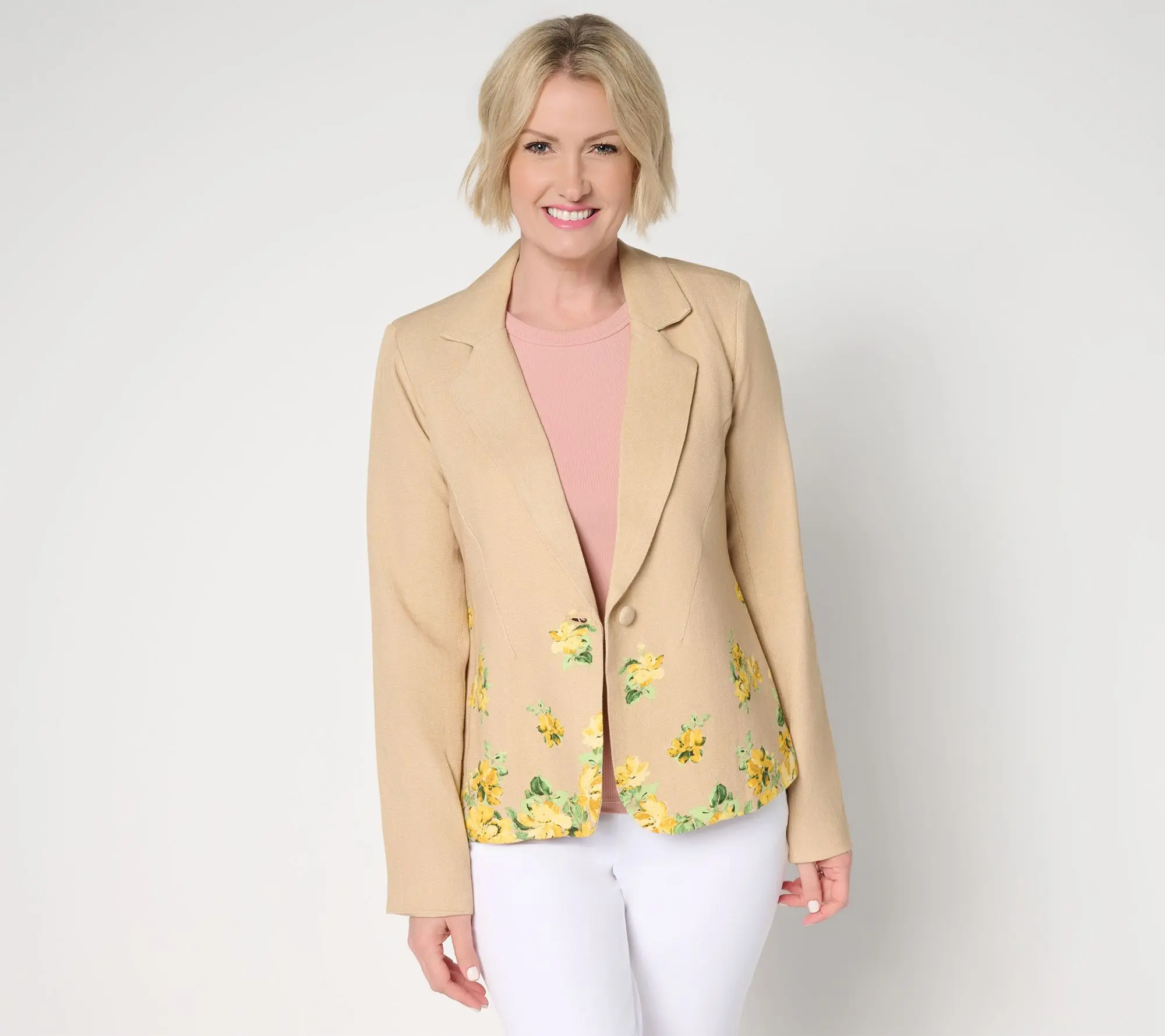 Isaac Mizrahi Live! Linen Blend Border Print Single Breasted Blazer