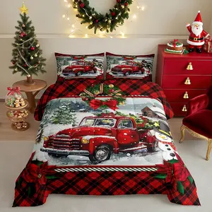Christmas Truck Comforter Set Kids Girls Boys Red Plaid Decor Pine Tree Bedding Set Winter Snow View Quilt Set Happy New Year Gifts Duvet Insert