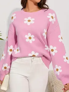Women's Sweet Daisy Embroidered Floral Knit Sweater, Round Neck Loose Bubble Sleeve Knit Top, Casual Fitted Spring Fall