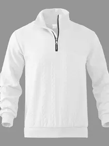 Men's Casual Polo Half-Zip Stand Collar Sweatshirt, Patchwork Textured Fabric, Adjustable Neck, Soft Breathable Material, Spring & Fall, Fashion Casual Sweatshirt