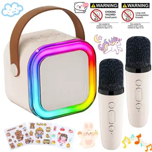 Portable Mini Bluetooth Karaoke Speaker for Kids Adults, Karaoke Machine with 2 Wireless Microphones, 5 Funny Sound Effects, LED Lights, Rechargeable DIY Sticker Design, Perfect Gift for Boys Girls Age 3-12+, Home Outdoor Party