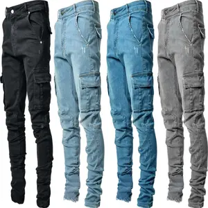 Casual trendy men's stretch multi-pocket slim-fit skinny jeans, popular denim workwear style