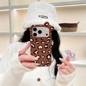 iPhone 16/17 Pro Max Silicone Leopard Print Bow Protector Case Cover, Fashionable Friendship Gift, BPA Free, Fits iPhone 16 17 Pro Max