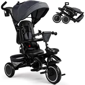 An Folding Tricycle 8 in 1 Baby Trike W/Removable and Adjustable Canopy Parent Handle 5-Piont Safety Harness Toddler Bike Stroller