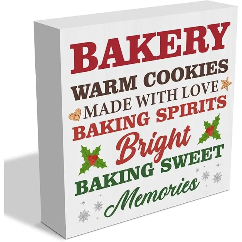 Christmas Kitchen Bakery Decor Wooden Box Sign Xmas Holiday Baking Bake Wood Block Plaque Sign Decorations for Table Shelf, Baking Gifts for Bakers 5x5inch