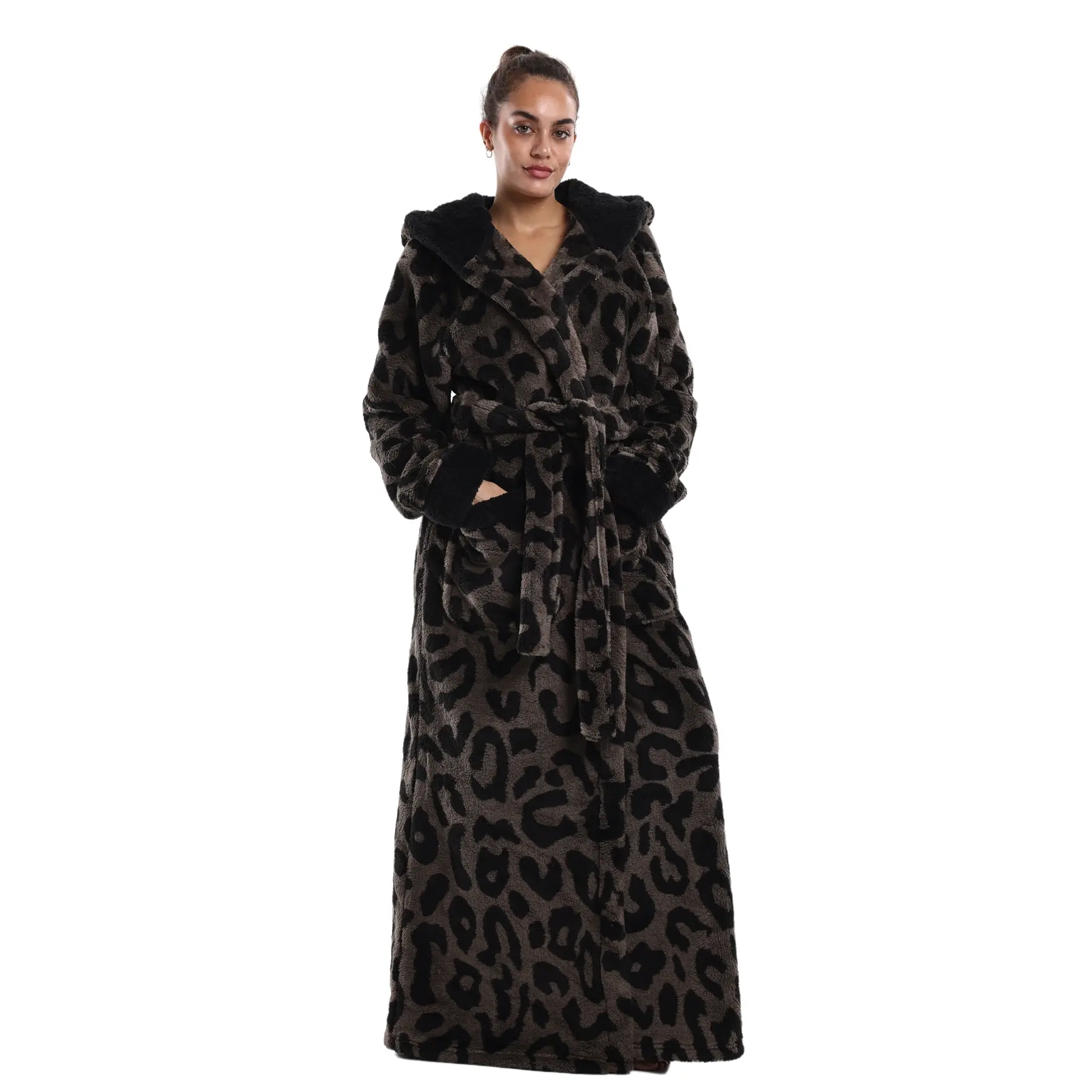 Hooded Leopard Print Long Bathrobe for Women, Thick Fuzzy Flannel Lined House Robe, Cozy Warm Full Length Loungewear Sleep Robe for Halloween