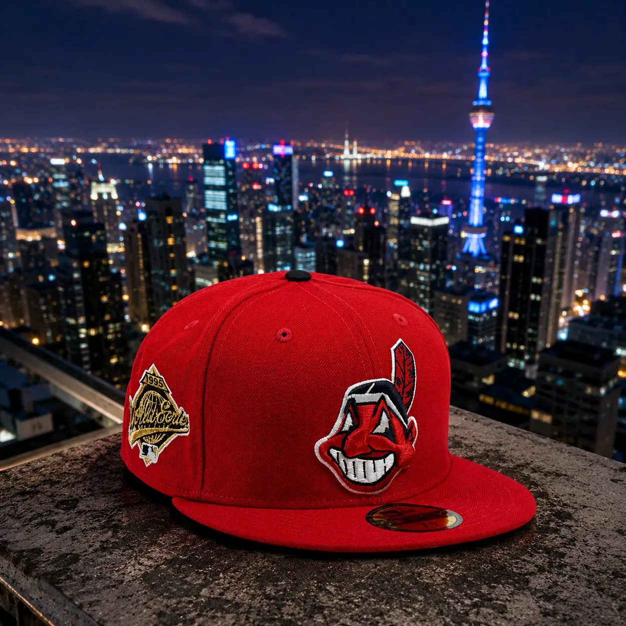 Vintage Cleveland Indians 59FIFTY Fitted Cap – Red New Era Flat Brim Hat with Championship Side Patch for Men & Women