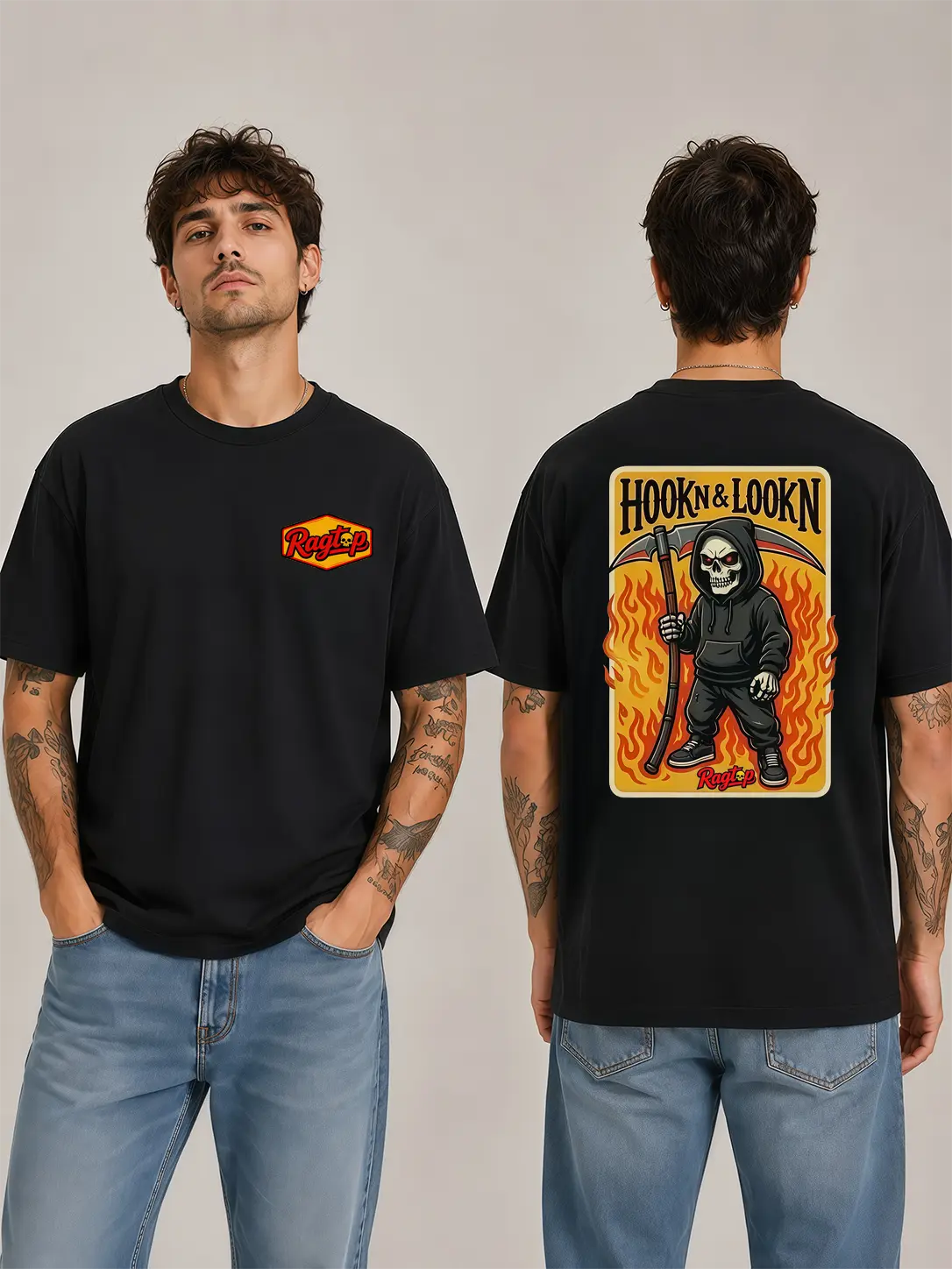 [Graphic T-Shirt] firefighter shirt - Ragtop Grim Reaper Firefighter Flame Graphic Tee, Skeleton Fire Rescue Dark Style Design, Vintage First Responder Inspired Apparel,cotton tee,printed shirts for men