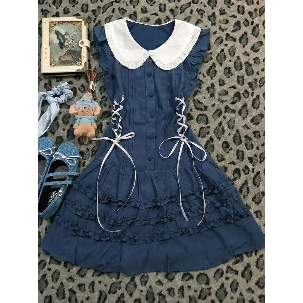 Sweet Vintage Sleeveless Cake Dress, Retro Peter Pan Collar Girly Mini Dress for Spring & Summer