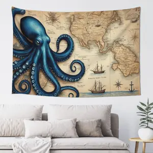 Nautical Map Blue Kraken Watercolor Tapestry Wall Hanging Sea Monster Tapestries Aesthetic Wall Decor Home Decoration for Bedroom,Living Room,Dorm
