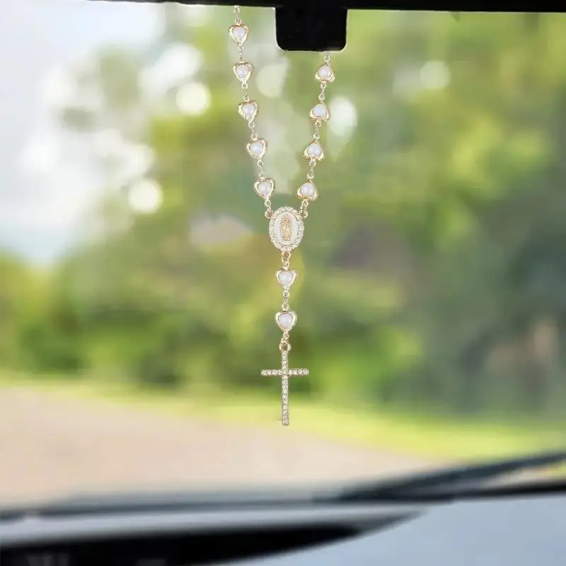 Religious Heart-Shaped Imitation Pearl Rosary Cross Metal Car Pendant, Auto Mirror Decor Hanging Ornament for Gifting (Sports & Outdoor Protective Gear Accessory)